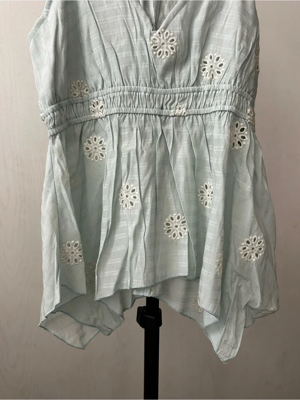 Light Blue Eyelet Halter Camisole Top with Smocked Waist